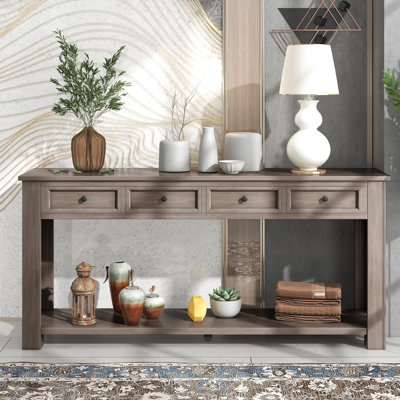 Console rectangulaire avec lignes épurées et rangement - Accessoire d'espace de tiroir en bois massif gris délavé