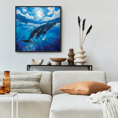 Swimming Whale - Blue Framed Canvas for Home Decor