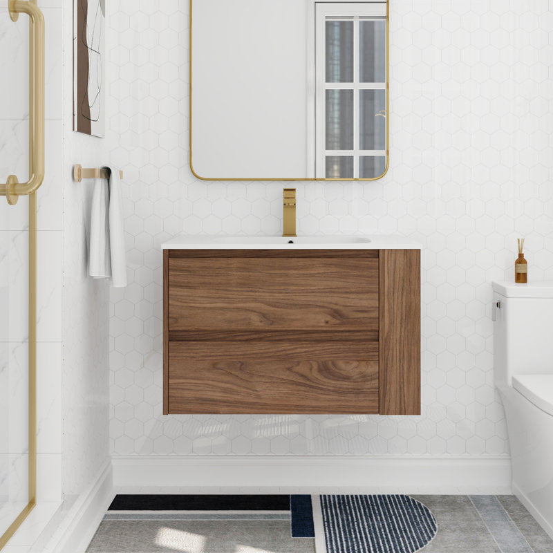Ensemble de meuble-lavabo mural simple avec tablette et deux tiroirs 30 po Serenita, finition bois moderne, Chêne brun