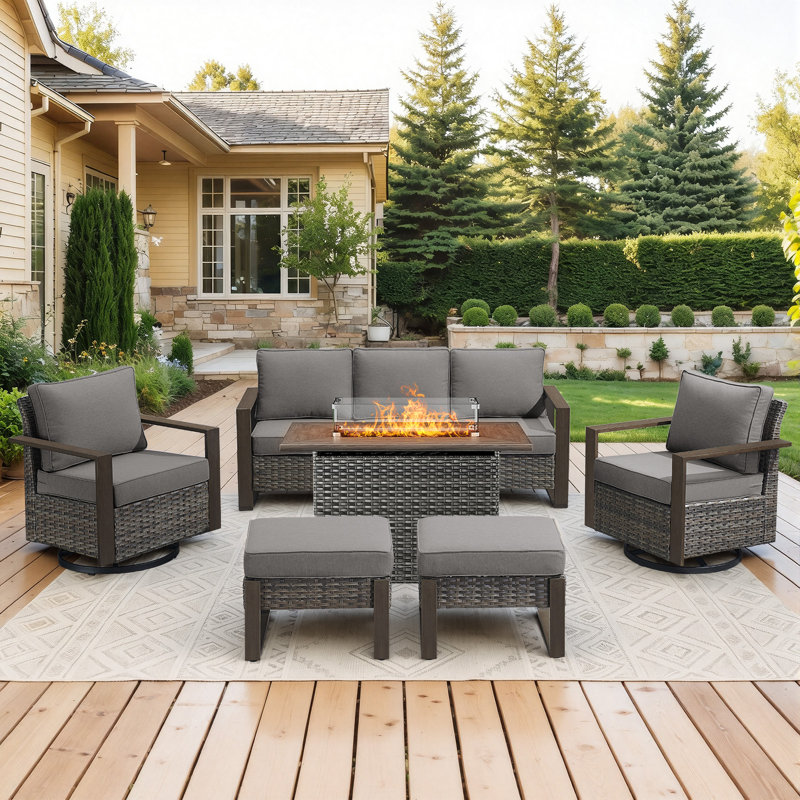 Drazen 7 - Person Patio Furniture Set With Fire Pit Table, All-Weather Wicker Outdoor Conversation Set With Chair And Thick Cushions