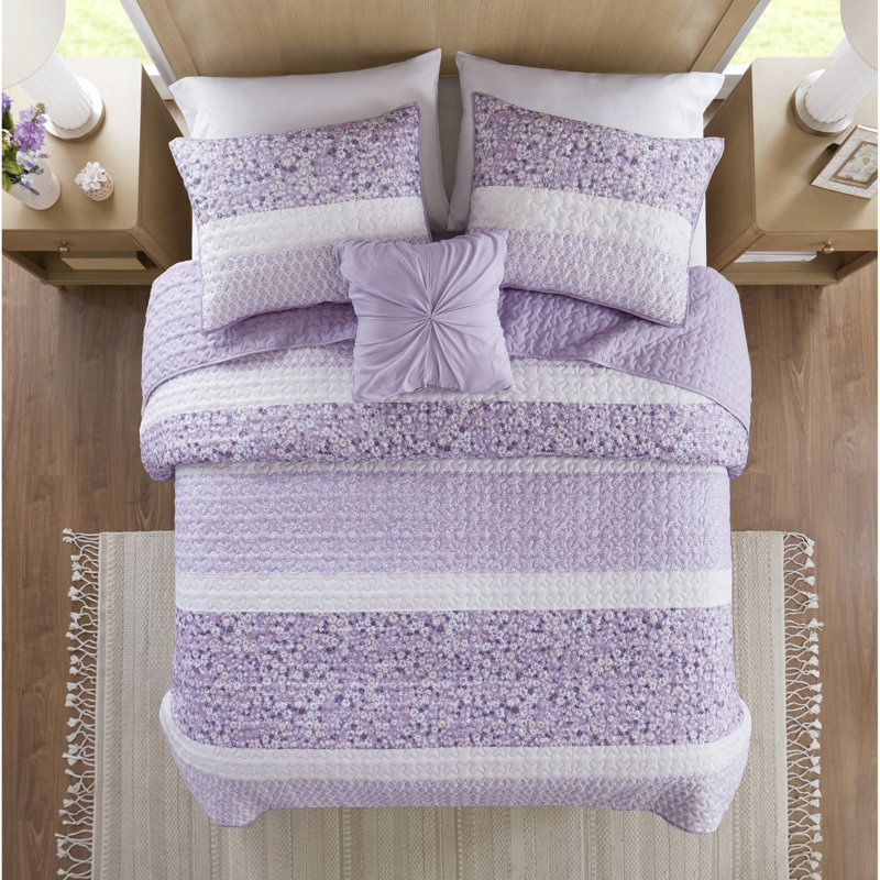 Courtepointe 4 pièces Seersucker pour lit double / grand - imprimé botanique floral, coussin froncé et jeté lavable à la machine en microfibre