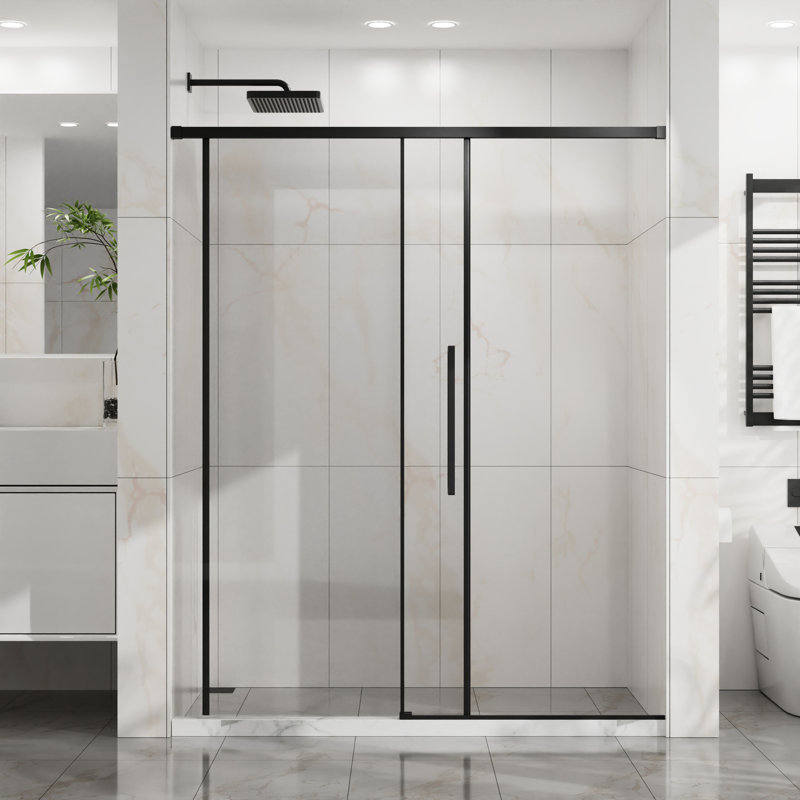 60" W X 72" H Semi - Matte Black Sliding Shower Door, 6Mm Tempered Glass With Easy Clean Coating, Waterproof Performance, Smooth Rollers Adjustable Width Proof Stainless Steel Rollers, Splash In