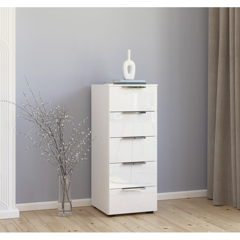Flipp 5 Drawer 40Cm W Chest, Alpine White/White Glass/Chrome