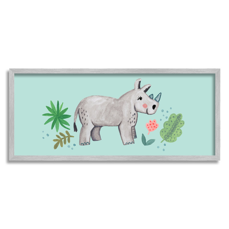 «Rhino Plants Leaves Turquoise» par Heather Strianese - peinture, H 10 po x l 24 po, Estampe numérique Farmhouse