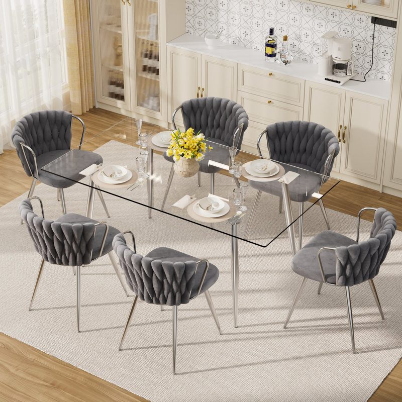 7 - Piece Glass Top Dining Set, Gray, 29.5"H x 63"L x 31.5"W