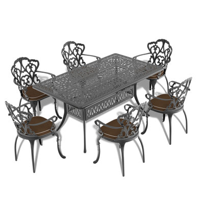 Outdoor Aluminum Dining Table - Black, Rectangular, Umbrella Hole, Space Saving, 6 Cast , With Wide