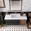 Meuble-lavabo en noyer avec lavabo à surface solide blanc brillant