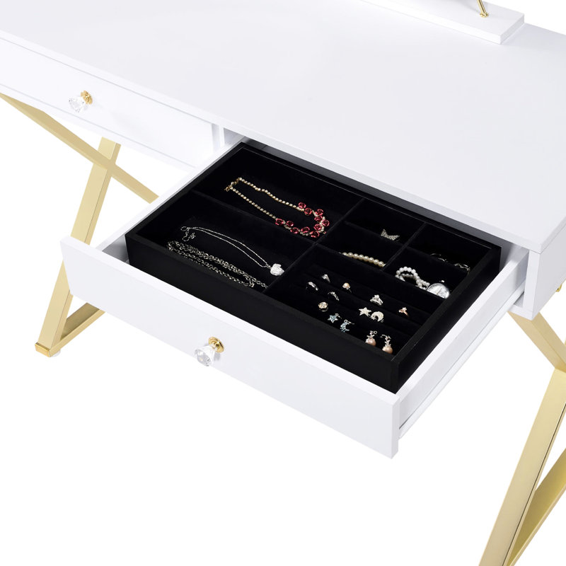 Bureau de coiffeuse avec plateau à bijoux et miroir amovible, disposition rectangulaire, aspect or blanc, structure en métal, 2 tiroirs pour l'organisation de la chambre à coucher, apparence, utilisation