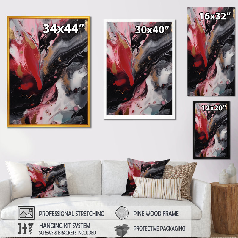 «Red and Black Marble Whispers IV», art abstrait sur toile marbrée, H 20 po x l 12 po x P 1 po, Cadre flottant noir