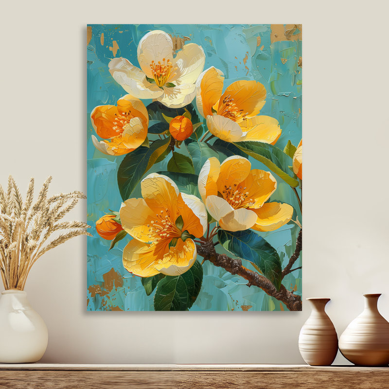 Fleur de pommier jaune et bleu - Blooming Beauty, Cadre flottant doré, H 12 po x l 20 po