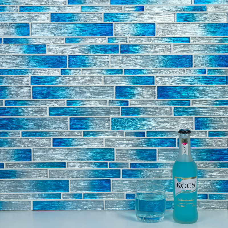 Foil Random Sized Interlocking Glass Mosaic Tile, Silver/True Blue