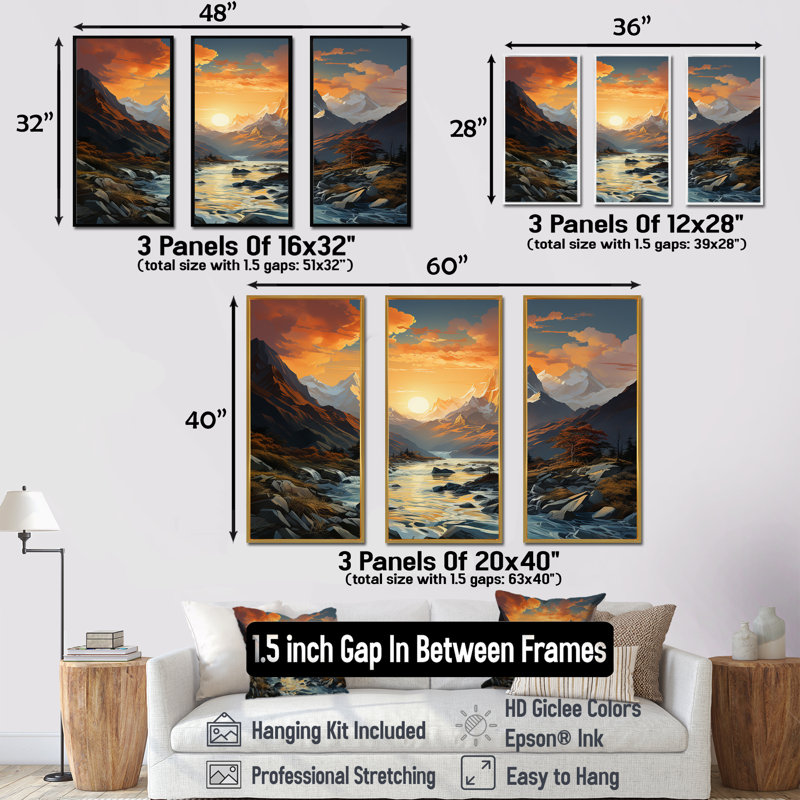 «Mountain Sunset Serenity - Landscape Mountains», ensemble de reproduction d'art mural, Cadre flottant blanc