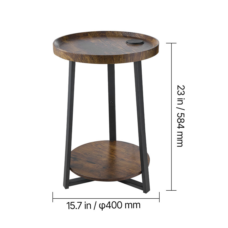 Table d'appoint ronde à 2 niveaux avec station de charge - Table de chevet industrielle avec ports USB et CA pour la chambre à coucher