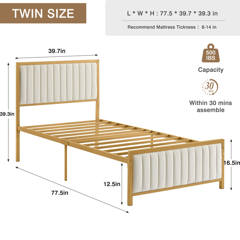 Cadre de lit plateforme rembourré avec tête et pied de lit capitonnés à canaux verticaux, sommier à lattes métalliques robustes pour lit simple, sans sommier tapissier, beige