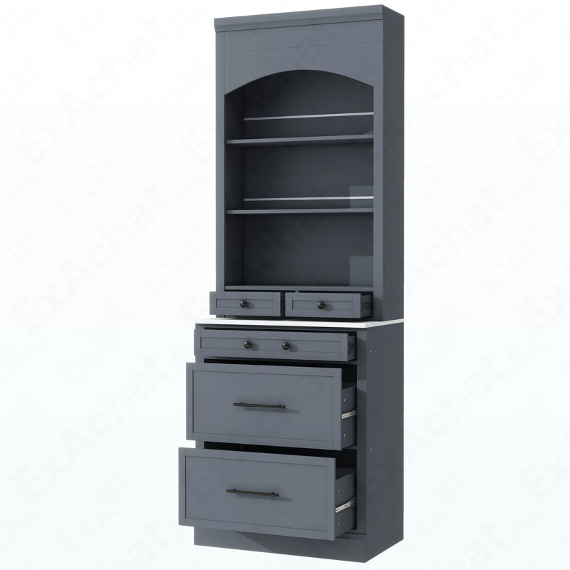Garde-manger autoportant moderne de 83,7 po de hauteur avec comptoir en faux marbre et plusieurs rangements, Gris