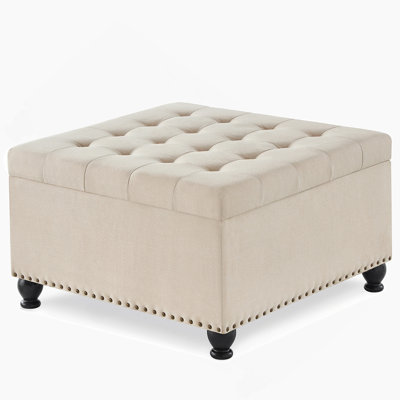 Large Square Storage Ottoman With Wooden Legs, Upholstered Button Tufted Coffee Table