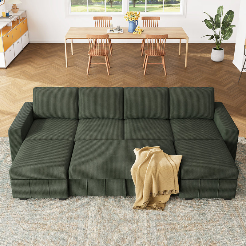 Abramson U Shaped Sleeper Sectional Sofa Bed With Storage Space, Green Corduroy