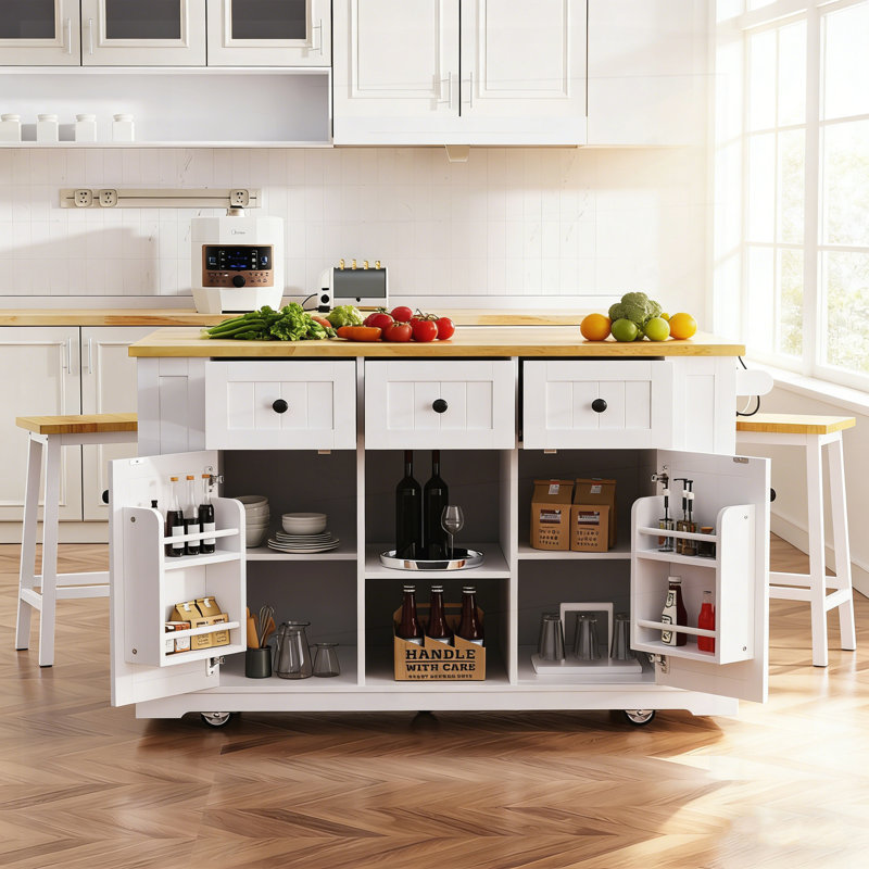 53-Inch Large Kitchen Island with Drop Leaf, Power Outlet, Internal Storage Rack, and 5 Smooth-Rolling Wheels for Versatile Use.