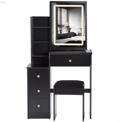 29.2" Small Size Left Drawer Desktop Vanity Table + Cushioned Stool, 2 AC+2 USB Power Station, Hair dryer bracket, Extra Large Touch Control Sliding LED Mirror, Tri-color Switching, Brightness Adjust