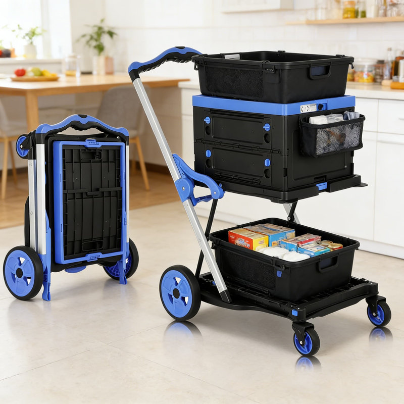 Chariot de magasinage pliable robuste avec roues, chariot à main pliable d'une capacité de 200 lb avec panier de rangement, plateforme et frein à pied