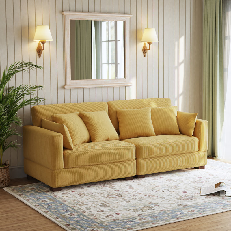 Maelina Upholstered Orange Corduroy Modular Sofa with Pillow Back and Solid Wood Legs, Orange