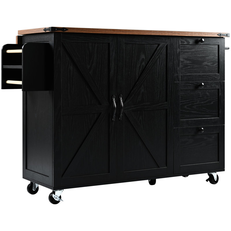 Large Kitchen Island With Power Socket And Internal Shelf, 54.5" X 28.3" 36.5", Black Rolling Cart Storage Charging Station,