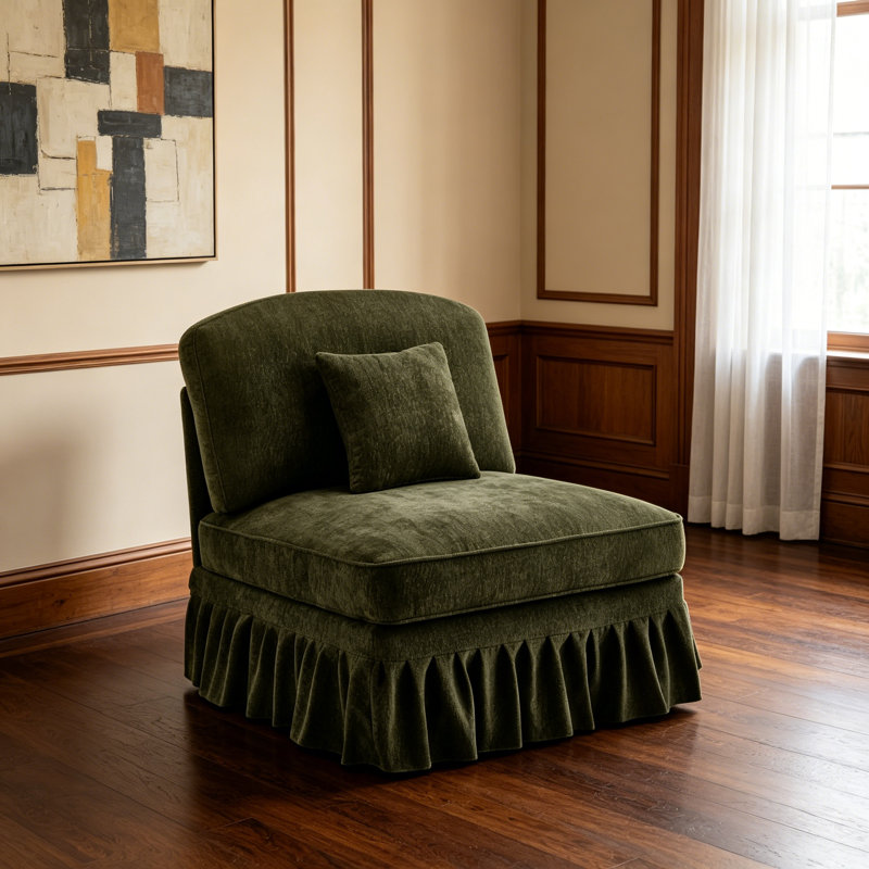 Canapé sans accoudoirs avec volants détachables, revêtement en chenille, coussin amovible et plusieurs configurations pour un décor polyvalent