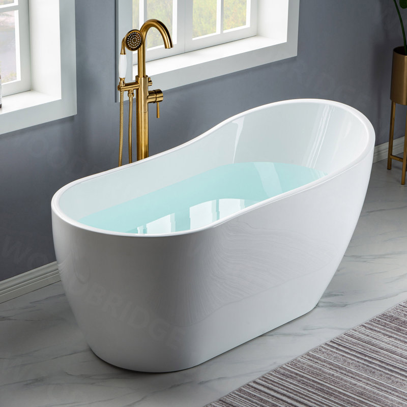59" x 28" Freestanding Soaking Acrylic Single Slipper Bathtub with Reversible Drain, White/Brushed Gold