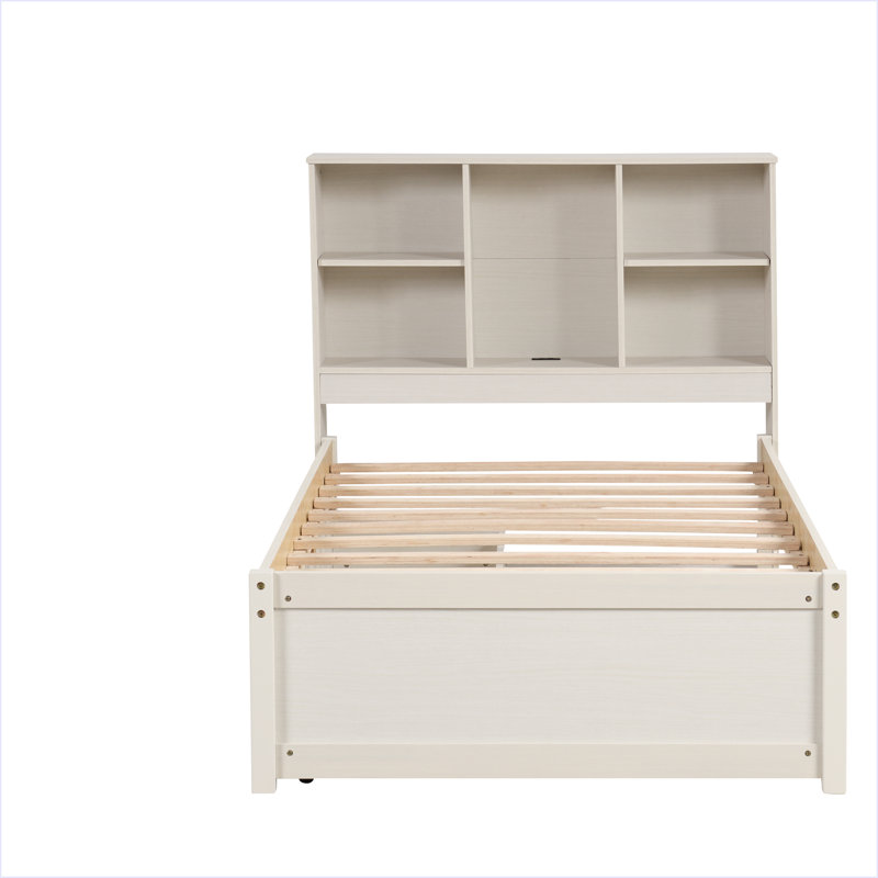 Modern Twin Size Bed Frame With Built-In USB Port On Bookcase Headboard And 2 Drawers, White Washed