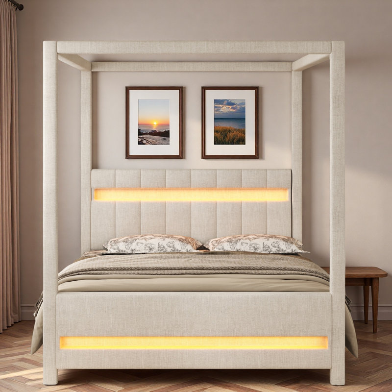 Lit plateforme à baldaquin avec tête de lit tapissier et lumières DEL