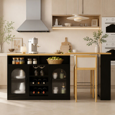Rolling Kitchen Island with Extendable Tabletop and Wine Rack and LED Lighting and Power Outlet