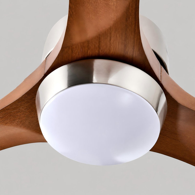 52" Solid Wood Blades Ceiling Fan with Remote, Nickel, Dark Brown Wood
