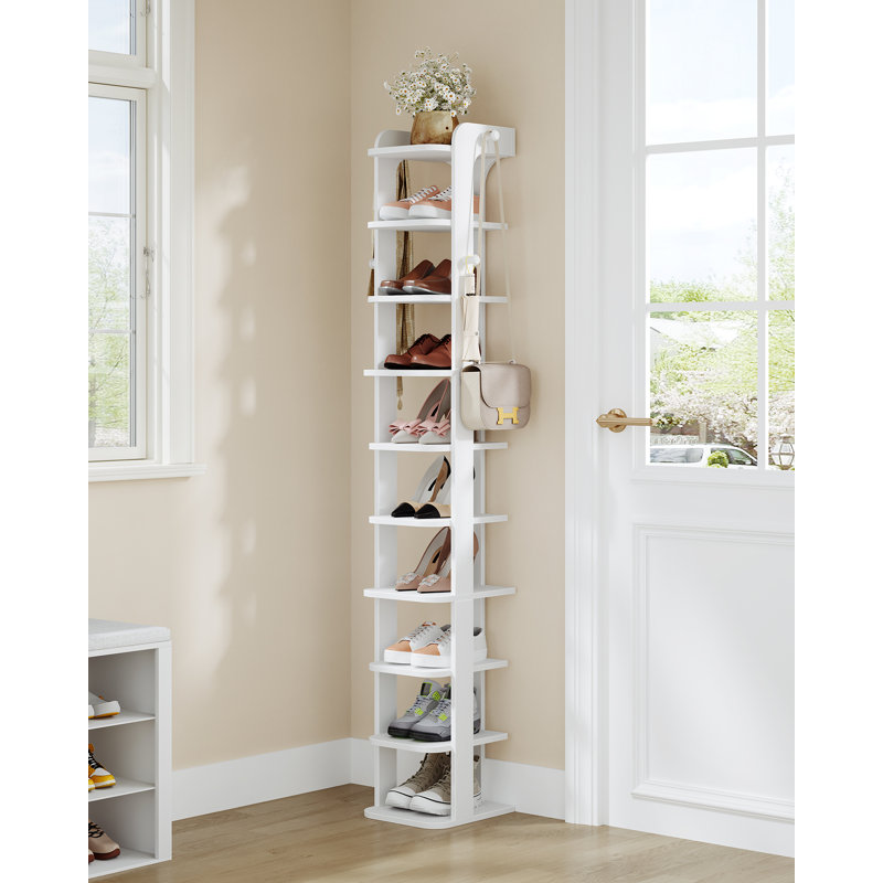Vertical Shoe Rack, Narrow Shoe Rack For Small Space, Wooden Shoes Organizer With Hooks, Adjustable Slim Shoes Tower for Entryway, Living Room, Bedroom, White 