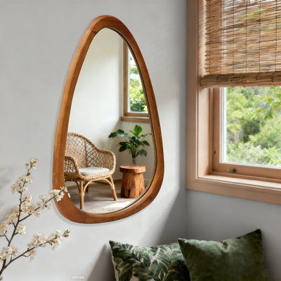 Asymmetrical Irregular Wall Mirror with Solid Wood Frame, Organic Decorative Accent Mirror