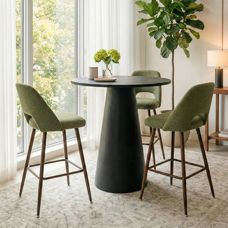 4-Piece Counter Height Bar Table Set With Upholstered Stools, Round Pedestal Kitchen Dining Set For 3, Green