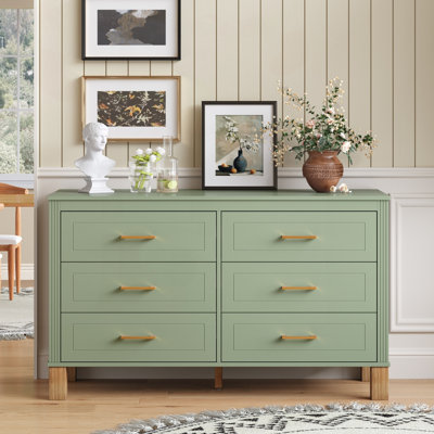 Commode 6 tiroirs Mid-Century avec pieds en bois massif et poignées en métal