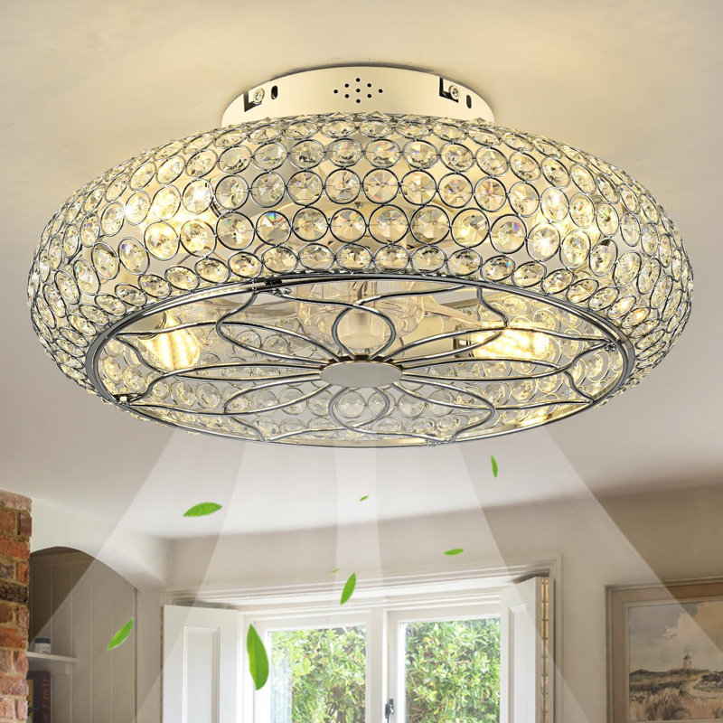 Caged Crystal Ceiling Fans With Lights And Remote,20" Flush Mount Low Profile Ceiling Fan With Light,6 Speed Enclosed Ceiling Fan With Reversible Motor For Bedroom Kitchen Living Room