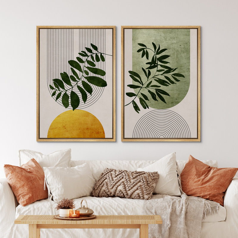 Mid Century Modern Boho Green Yellow Bright Plant Art Framed Canvas 2 Pieces Print  Wall Art Set, 32" W x 24" H