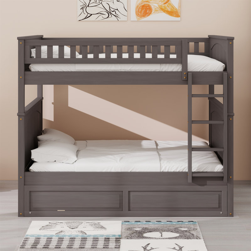 Wood Bunk Bed With Trundle, Guardrails, Brushed Gray