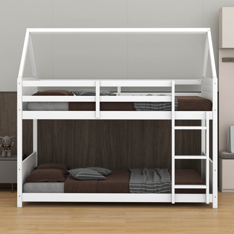 Twin Over Twin Rubber Wood House-Shaped Floor Bunk Bed – Headboards, Footboards, Guardrails & Ladder, White