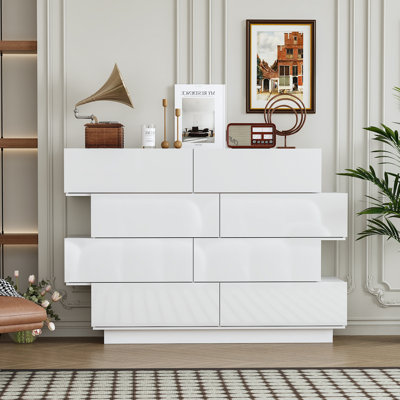 Armoire de rangement moderne à 8 tiroirs avec conception étagée - Organisateur blanc ultrabrillant