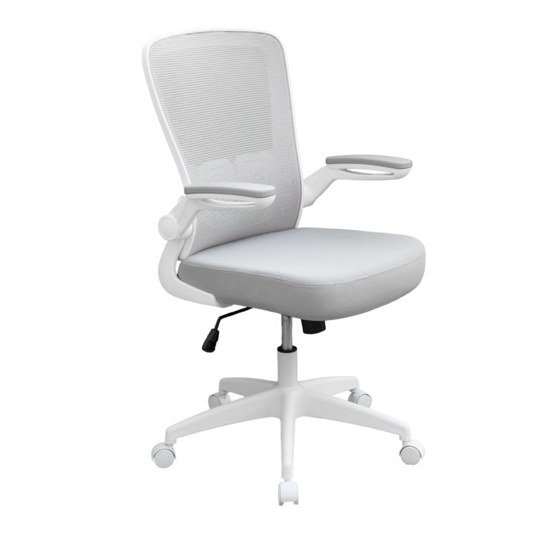 Chaise de travail roulante, filet gris, accoudoirs rabattables blancs, verrouillage vertical