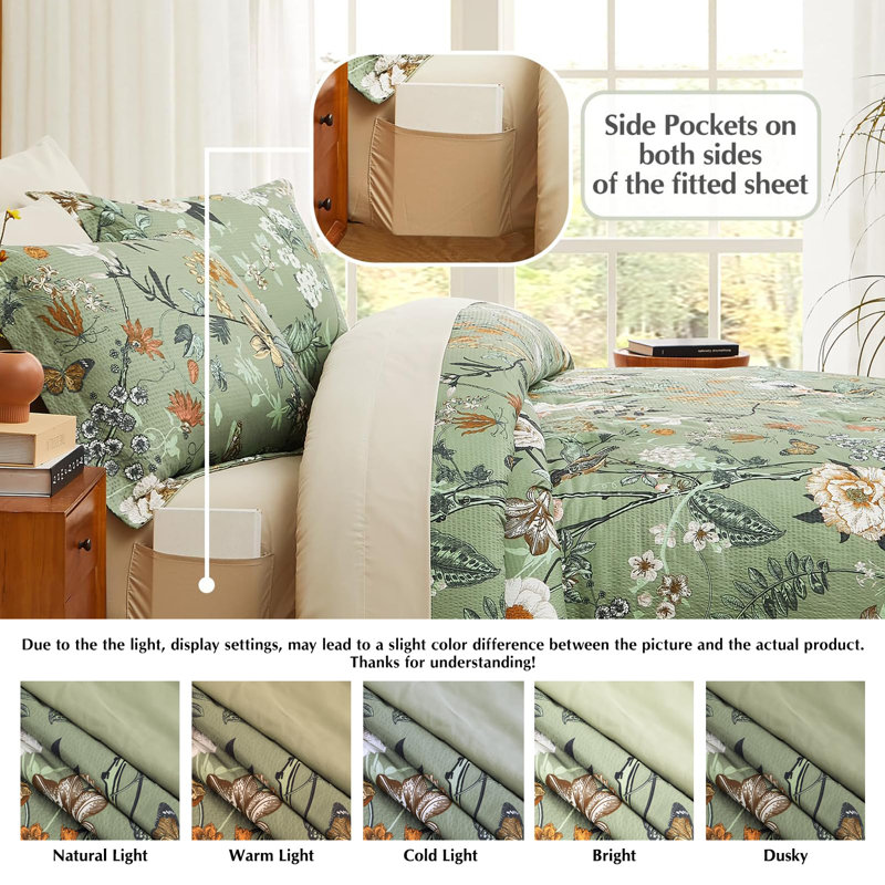 Comforter Set, Comforter Set with Pattern, Soft Seersucker Design All Season Microfiber Bedding Set, Green Butterfly & Floral