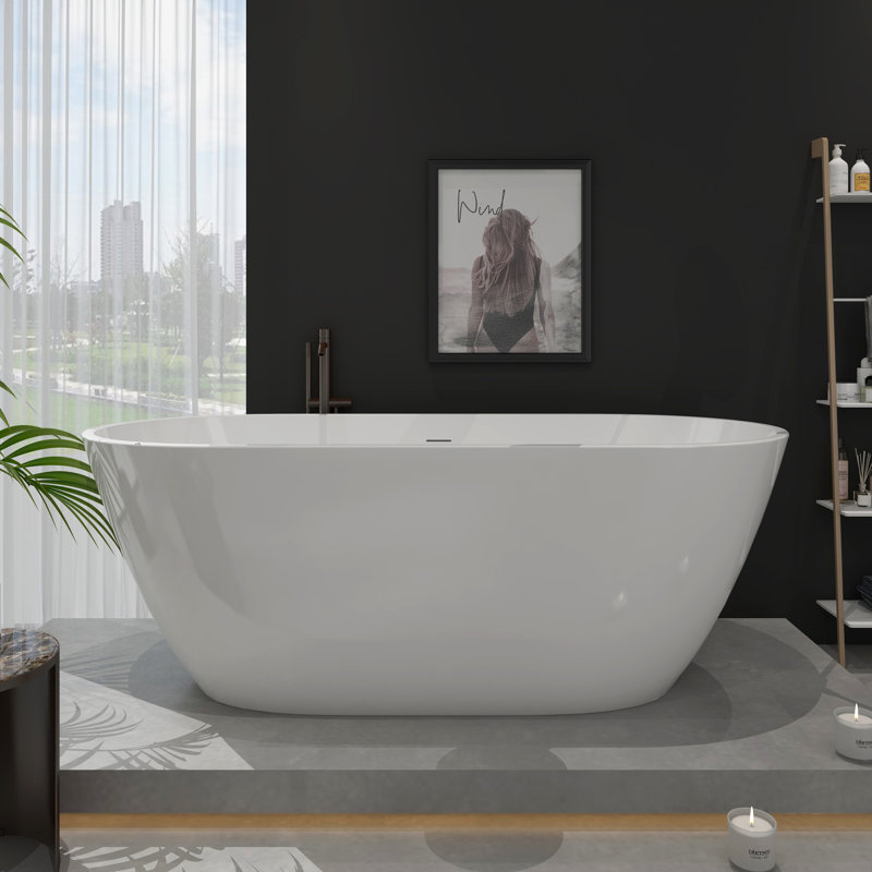 Free Standing Tub 55" x 30" Deep Soaking A07 Stand Alone Bathtub, Glossy White