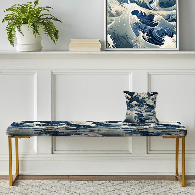 Bleu et blanc Vintage Storm Waves - Banc rembourré doré Coastal, Blue And White Vintage Storm Waves