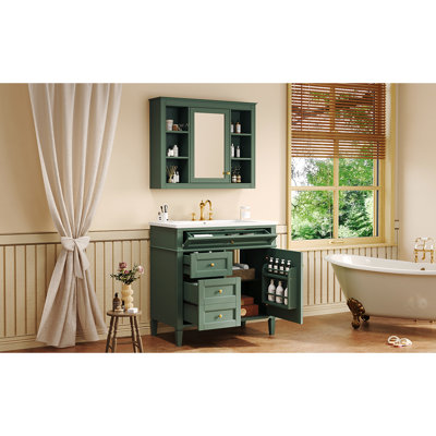 Meuble-lavabo de salle de bain avec lavabo en céramique, armoire à miroir et 3 tiroirs pour lavabo simple 36 po