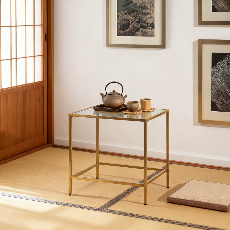 Table de bout rectangulaire moderne avec plateau en verre trempé et structure en métal doré, table d'appoint minimaliste pour le salon, la chambre à coucher, le bureau ou l'extérieur