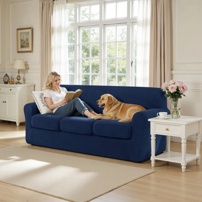Housse de canapé en jacquard extensible 4 pièces, housse pour canapé pour 3 coussins, protecteur de meubles lavable à la machine (canapé, bleu marine)