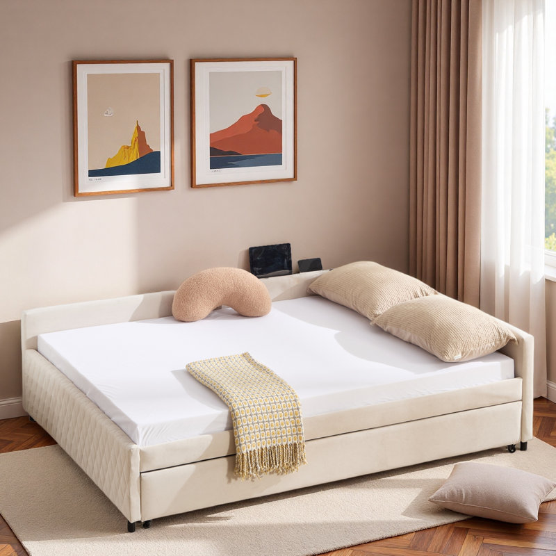 Lit de jour rembourré avec lit gigogne et USB, Beige