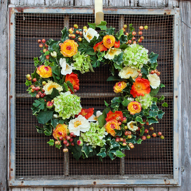 Couronne en soie hortensia et dépilée, H 30 po x l 30 po x P 6 po